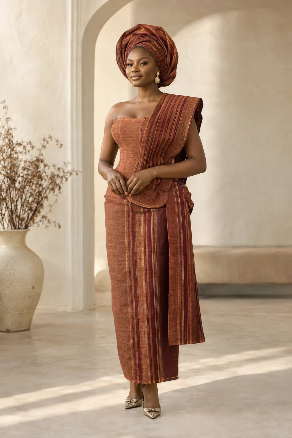 AI fashion editorial: a model in a terracotta woven outfit with matching gele